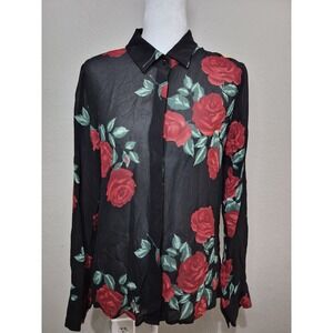 Reformation Floral Button Down Shirt Small Preppy Red Black Boho Sheer Preppy